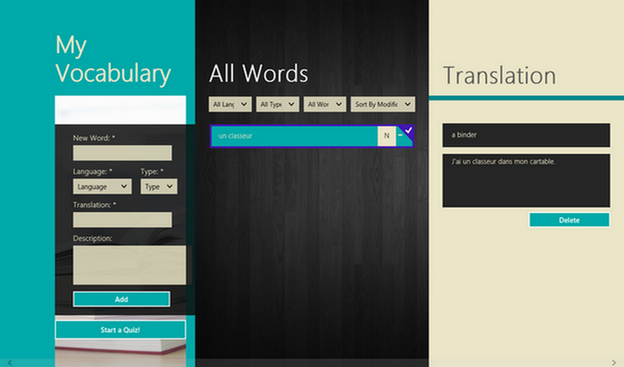 Home page with interface to manage the words